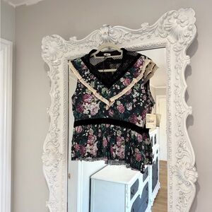 NWT $610 Manoush Floral Lace-Trim Noir Drama Sleeveless Peplum Ruffle Top